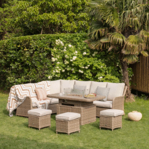 A Hampshire Large Corner Round Wicker Rattan Casual Dining Set with Rising Firepit Table, Natural