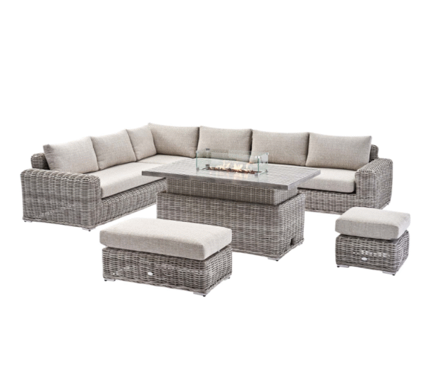 A Bellagio Round Wicker Large Corner Casual Dining Set with Rising Firepit Table, Light Grey - Image 5