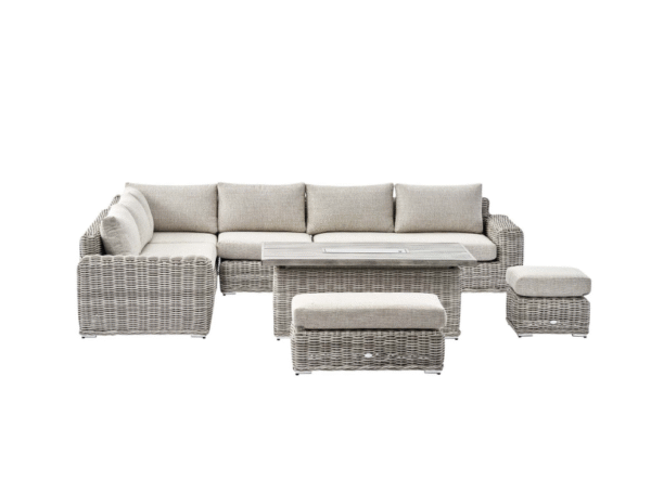 A Bellagio Round Wicker Large Corner Casual Dining Set with Rising Firepit Table, Light Grey - Image 3