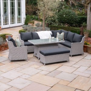 L-Shaped Corner Rattan Lounge Dining Set with Armchair and Bench - Right Handed Rising Table in White Wash