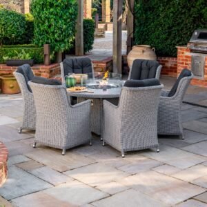 6 Seat Rattan Dining Set - Round Gas Fire Pit Table in White Wash