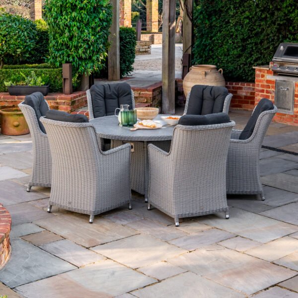 6 Seat Rattan Dining Set - Round Gas Fire Pit Table in White Wash - Image 10