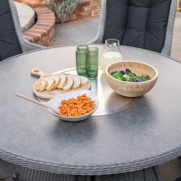 6 Seat Rattan Dining Set - Round Gas Fire Pit Table in White Wash - Image 5
